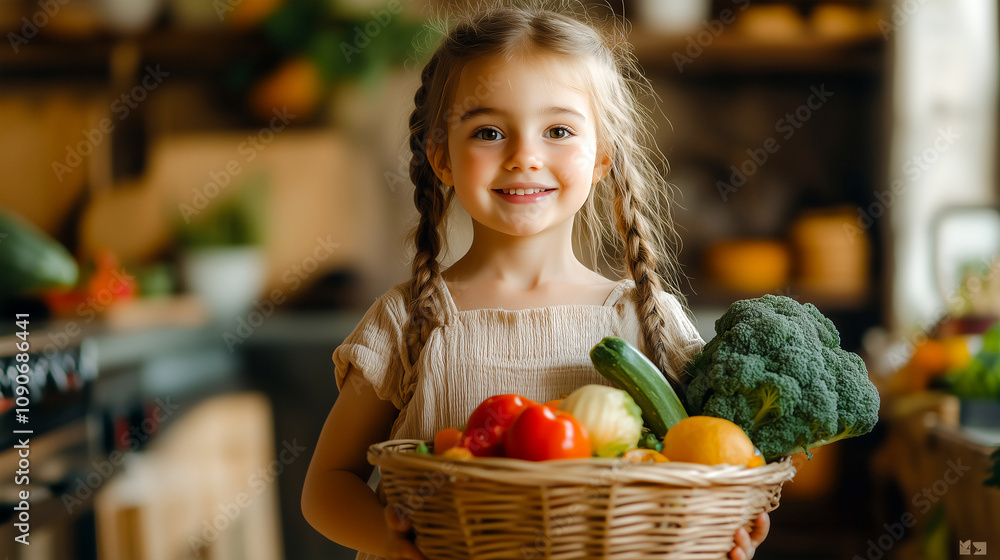 Fototapeta premium Happy kid holding vegetable basket walking in kitchen .