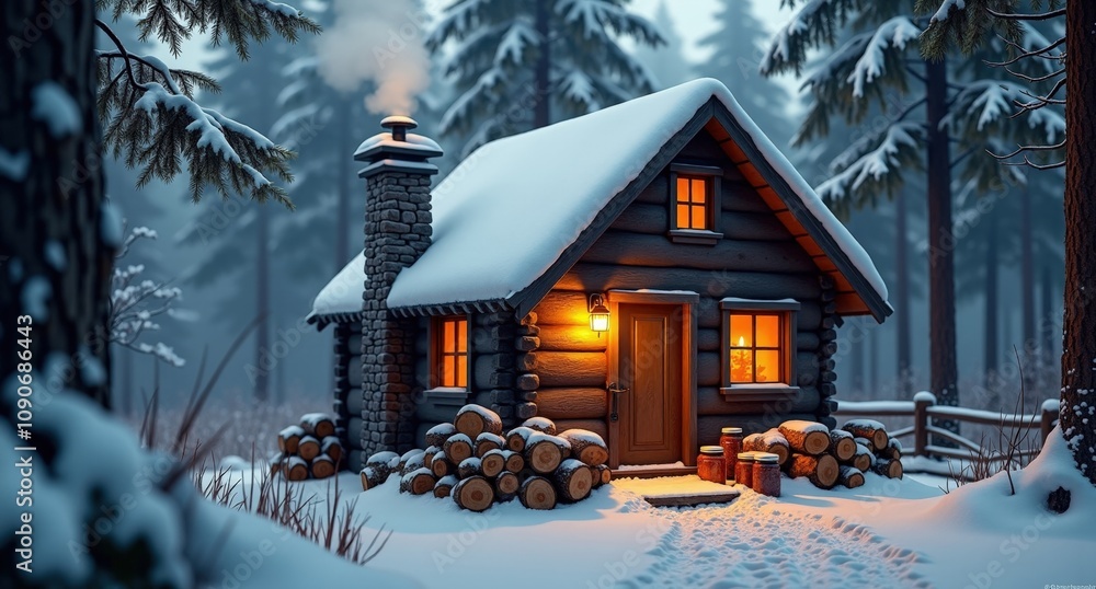 Naklejka premium A quaint winter cabin in the woods, with smoke rising from the chimney, stacked firewood, candlelight, preserved fruits, and wool blankets.