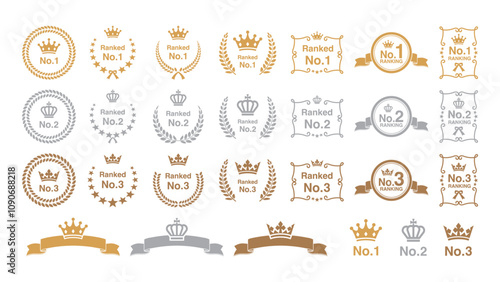 Gold, Silver, and Bronze Medals: Awards with Crown, Laurel Wreaths, Text Frames, Borders, and Rankings for 1st, 2nd, 3rd Positions. Vector.