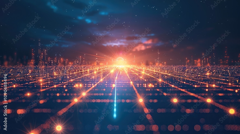 Obraz premium Futuristic digital grid landscape stretching into the distance, with glowing grid lines fading into a dark blue gradient background.