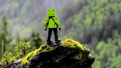 A Paper Silhouette of a Person Standing on a Mossy Rock, Looking Out at a Blurred Forest Background. photo