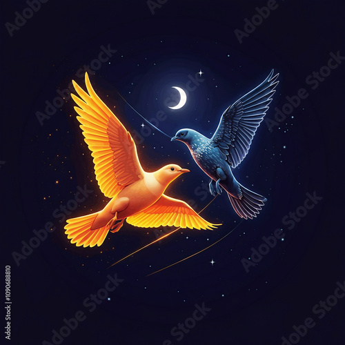 abstract illustration of two birds revolving around each other symbolizin day and night sun an moon turning around equinox photo