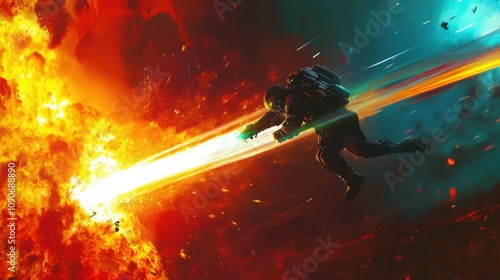 Intense battle scene featuring a futuristic soldier using dual energy blades, spinning rapidly on an alien planet, with vibrant colors and explosive action.