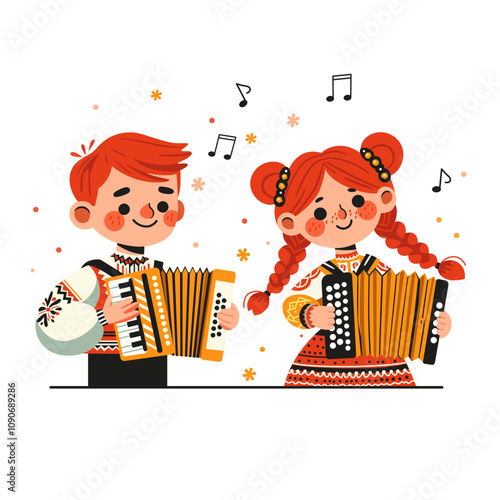 A cute boy and girl with red hair, dressed in traditional national costumes, play musical instruments - an accordion, a button accordion.