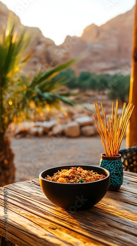 Jordanian knafeh with cheese, Petra s rosered rock formations at sunset photo