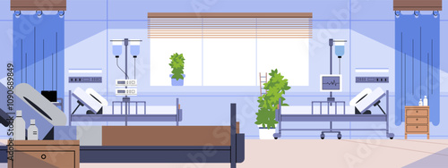Modern intensive care unit interior. No people simple hospital room