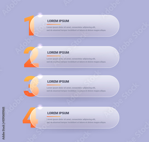 Vertical glass morphism business infographic with rounded bars. Four stage vector plan template