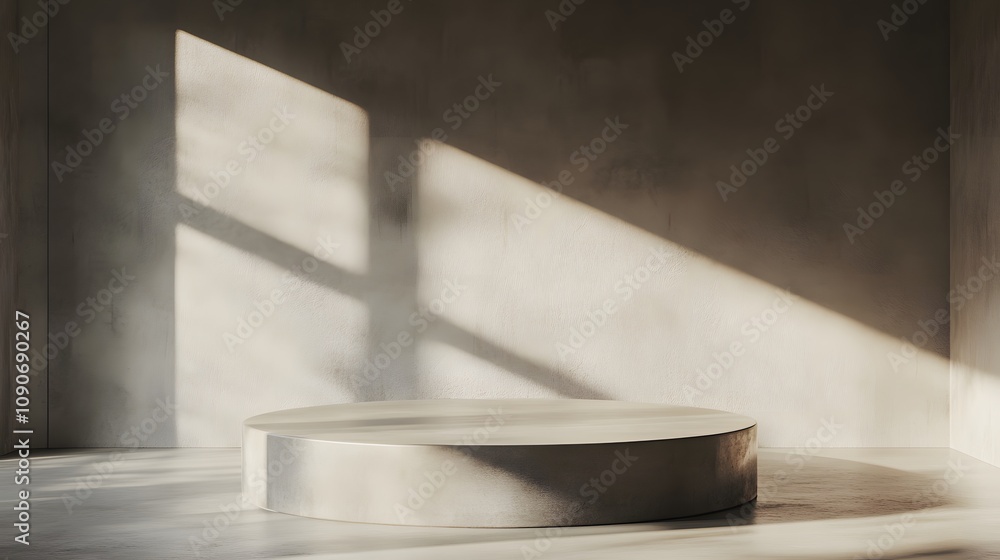 97. A polished concrete podium with soft light casting shadows on the surrounding space, leaving room for a product. 97. A polished concrete podium with soft light casting shadows on the surrounding space, leaving room for a product.