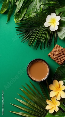 Malaysian ondeonde with palm sugar, lush tropical rainforest and exotic flora photo