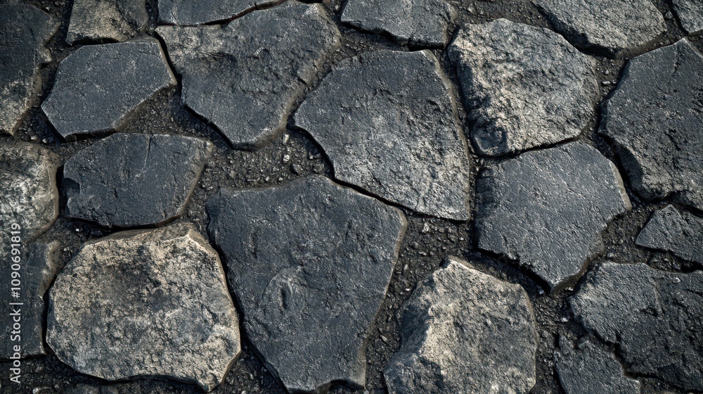 Fototapeta premium A close-up view of uneven, dark stone pavement with a rugged texture.