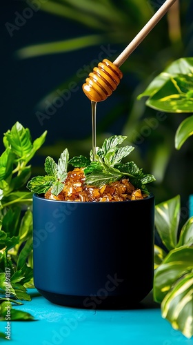 Moroccan msemen with honey, vibrant souks of Marrakesh and Atlas Mountain backdrop photo