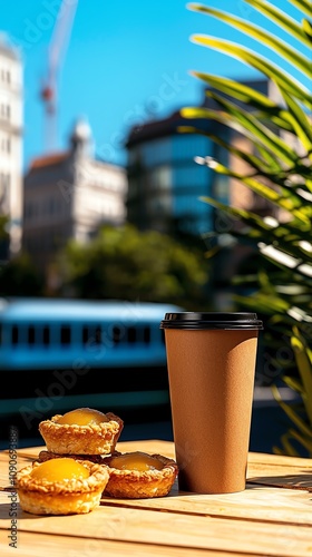 Portuguese pastel de nata custard tarts, Lisbon s Alfama district with tram in view photo