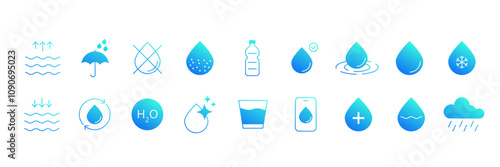 Set of Water Icons. Gradient signs of weather and healthy life style concept. Vector illustration