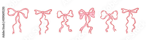 Set of hand drawn various ribbons and bows. Minimalist drawing sketch. Vintage vector illustration ink doodle style. Perfect for poster, greeting cards, wedding invitations, branding, logo, tattoo.
