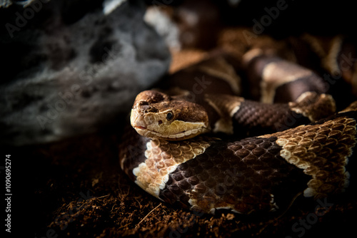 A Copperhead Viper Snake (Agkistrodon contortrix) in captivity. Agkistrodon contortrix is a species of venomous snake endemic to Eastern North America, a member of the subfamily Crotalinae. photo