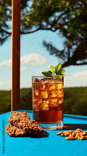 South African koeksisters with syrup, open savannah landscape with acacia trees photo