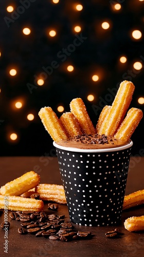 Spanish churros with hot chocolate, lively ambiance of Madrid s bustling streets photo