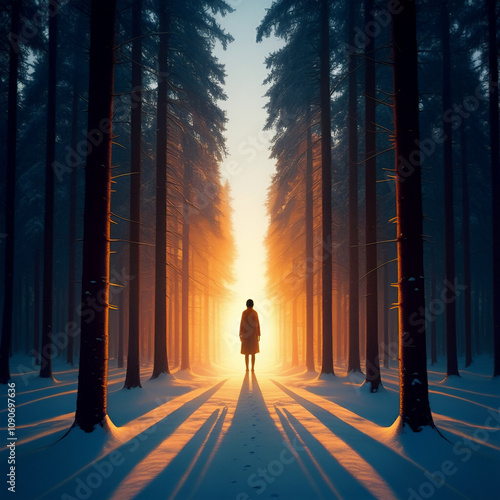 silhouette of a person between trees in a dirth path covered with snow winter sun in the horizon after winterfall  photo