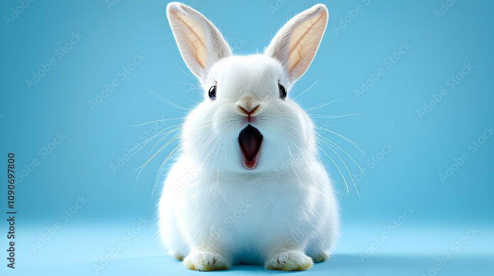 Obraz premium Adorable White Rabbit with Open Mouth Against a Light Blue Background