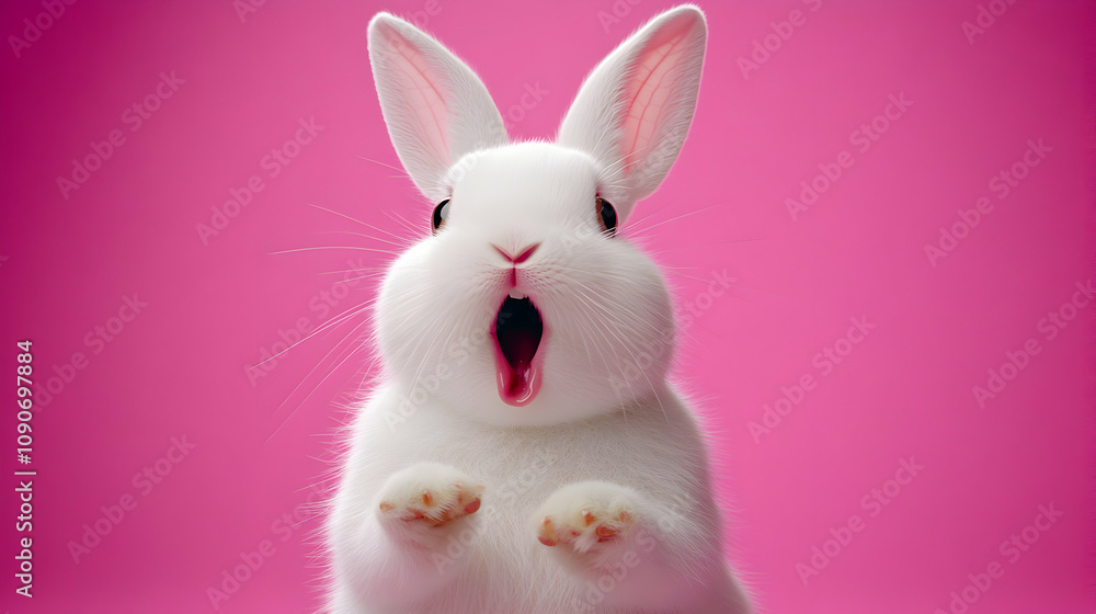 Obraz premium A Close-Up View of a White Rabbit with Pink Ears, Open Mouth, and Pink Paws, Against a Vibrant Pink Background, Creating a Playful and Adorable Image.