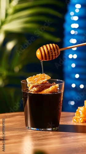 Uzbek samsa with honey, ancient architecture and bluetiled domes of Samarkand photo