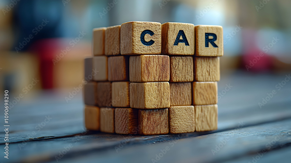 A Close-Up of Wooden Blocks Spelling the Word 'CAR' on a Wooden Table, with a Blurry Background A Close-Up of Wooden Blocks Spelling the Word 'CAR' on a Wooden Table, with a Blurry Background
