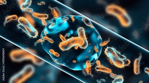 A detailed close-up of vibrant microorganisms or bacteria floating in an aquatic environment, showcasing microscopic life photo