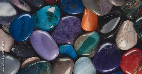 Vibrant polished gemstones collection with colorful reflections and glossy texture