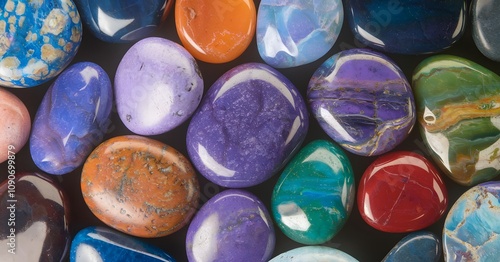 Vibrant polished gemstones collection with colorful reflections and glossy texture