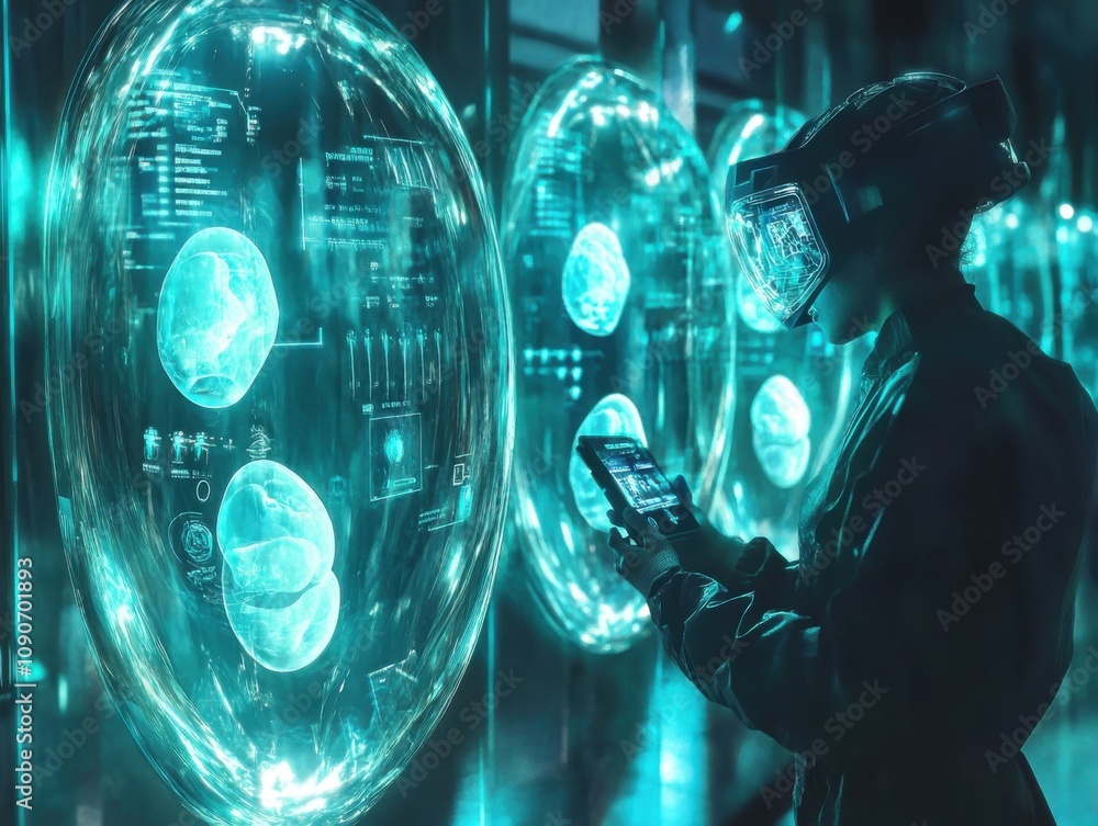 Fototapeta premium Artificial wombs nurturing embryos in glowing pods in a futuristic lab observed by scientists