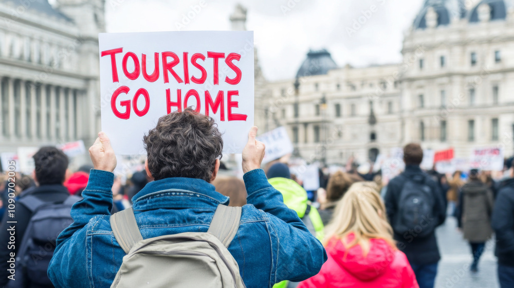 Protester man holds sign with text Tourists Go Home, demonstration against overtourism in touristic european city Protester man holds sign with text Tourists Go Home, demonstration against overtourism in touristic european city