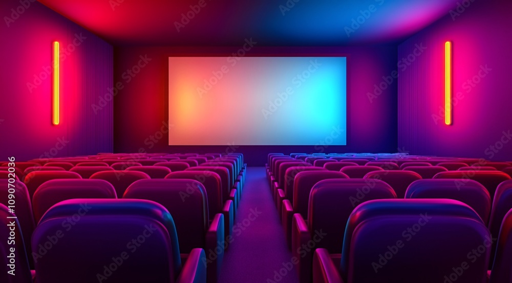 Fototapeta premium Empty movie theater with vibrant neon lighting and a blank screen. Generative ai
