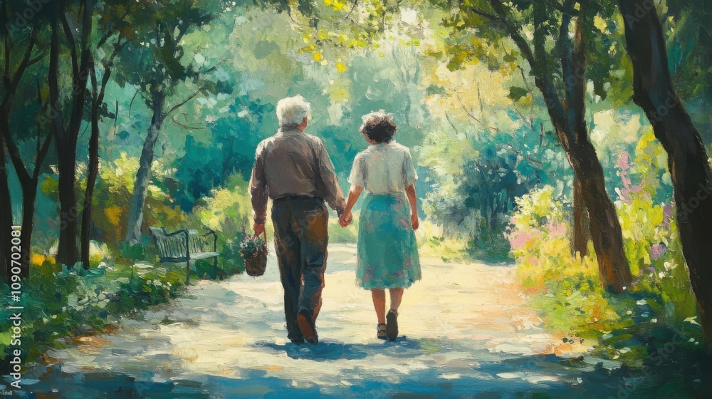 Fototapeta premium Elderly couple enjoying a peaceful afternoon walk in the park