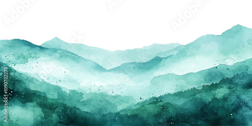 Watercolor landscape with a blue sky and green mountains, vector illustration.