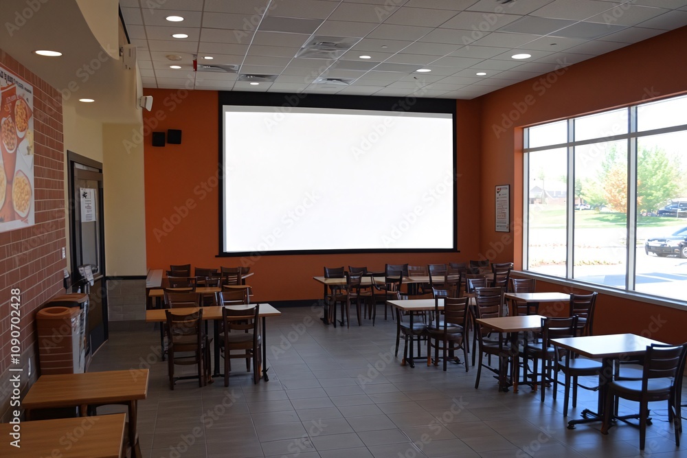 Fototapeta premium Empty restaurant dining area with large projection screen, tables, and chairs. Generative ai