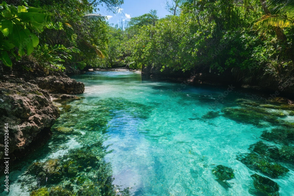 Fototapeta premium Translucent jade water of a hidden lagoon with splashes of foam from playful waves and vibrant coral reefs, inviting exploration in a tropical paradise