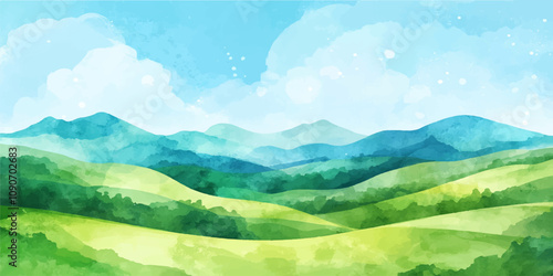 Watercolor landscape with a blue sky and green mountains, vector illustration.