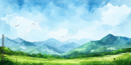 Watercolor landscape with a blue sky and green mountains, vector illustration.