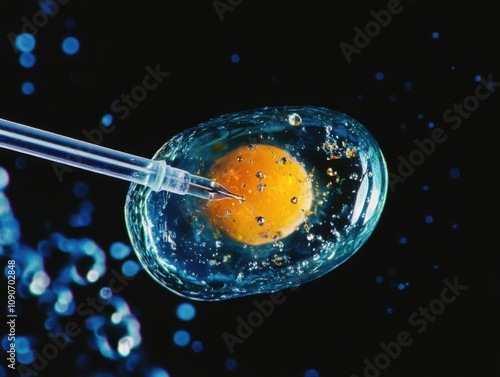 Microscopic view of a medical needle injecting into a human egg cell during an IVF procedure photo