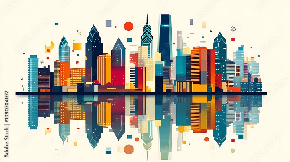 Abstract Stylized Skyline of Philadelphia with Reflection