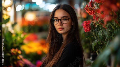 Portrait of Young Woman with Glasses Near Vibrant Flowers photo