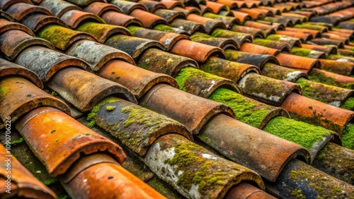 Close-up of Overlapping Roof Tiles Showcasing Aging Textures and Colors in Landscape Photography photo