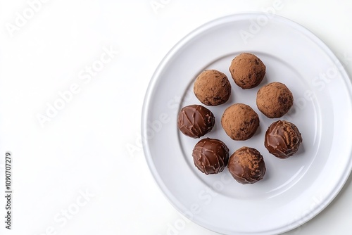 Plate of chocolate truffles on white background, top view.