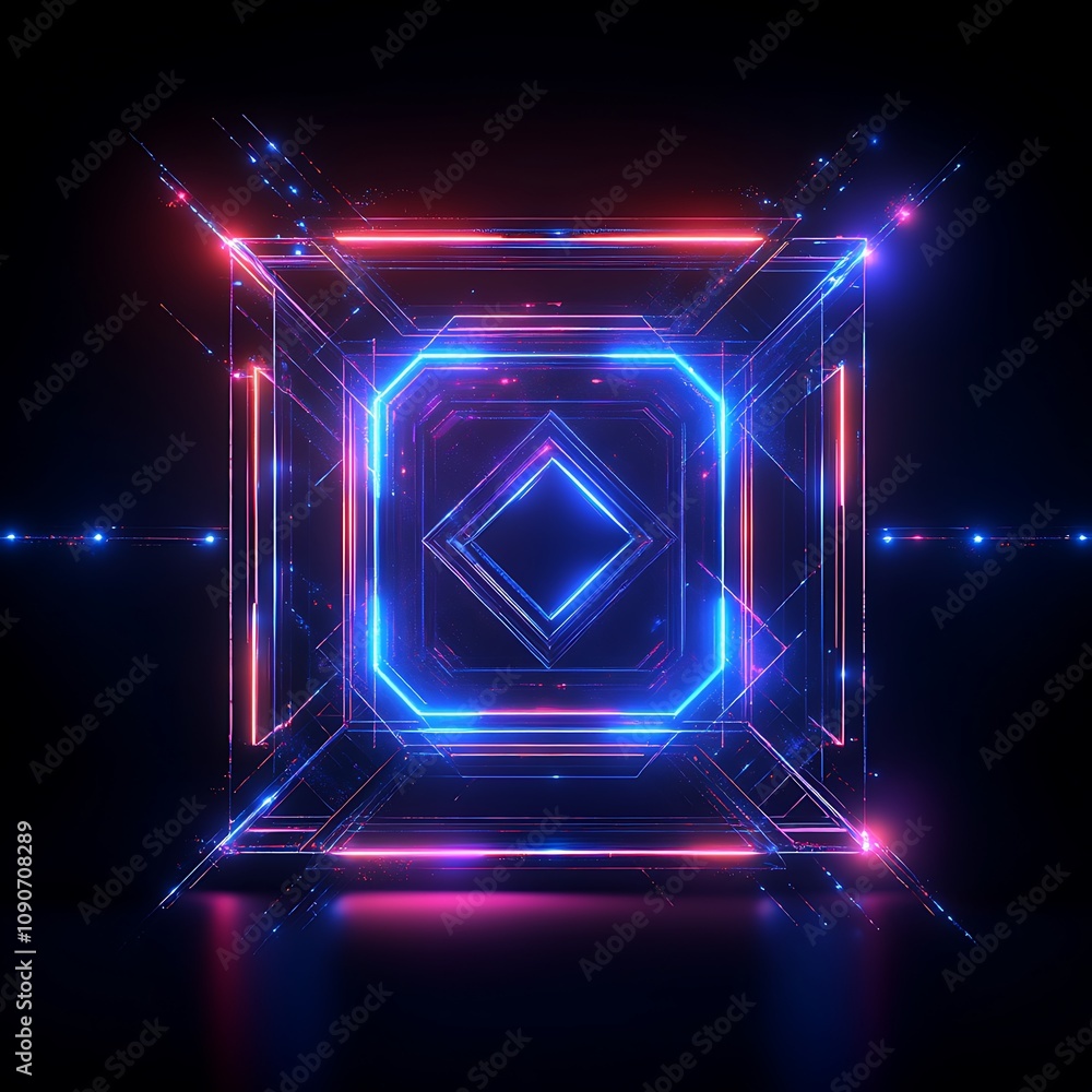 Abstract Geometric Shape with Vibrant Neon Lights in Blue and Red Colors, Futuristic Design for Backgrounds or Digital Art Displays Abstract Geometric Shape with Vibrant Neon Lights in Blue and Red Colors, Futuristic Design for Backgrounds or Digital Art Displays