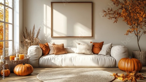 Cozy living room interior with pumpkins, fall leaves, and a large blank canvas for your design.