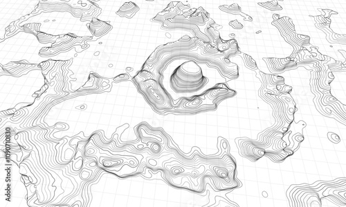 3D topographic map. Geographic contour map background with elevation lines. Detailed terrain visualization concept. Vector illustration of landscape elevations and natural relief.