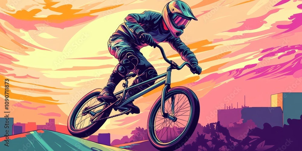 Fototapeta premium 2D cartoon illustration of a BMX cyclist showcasing BMX sport art during a jump