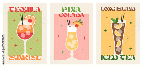 Poster drink set. Cocktail arts. Pina colada. Tequila sunrise. Long Island Iced Tea. Retro posters with alcohol cocktails. 90s 80s 70s groovy posters. Modern trendy print. Drink with fruit and ice.