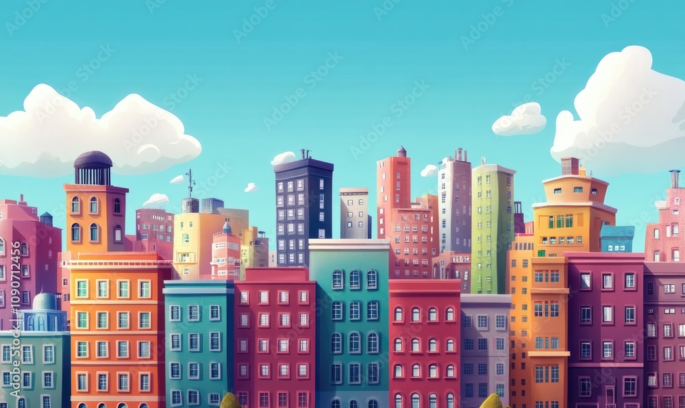 Obraz premium 2D cartoon illustration of urban buildings in a vibrant cityscape