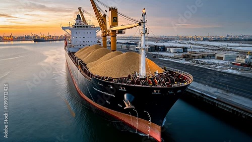 A cargo ship loaded with grain navigating a port at sunset.